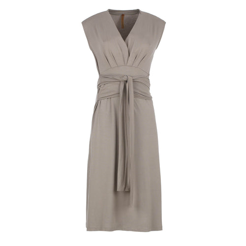 Elegant Taupe Wrap Midi Dress In Jersey