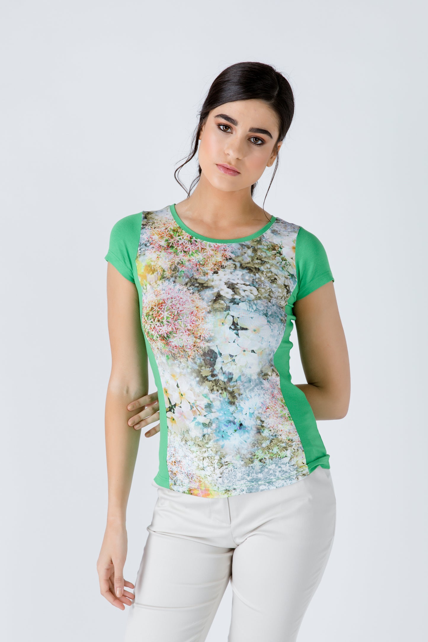 Conquista Μπλούζα Floral V-Λαιμόκοψη Καλοκαιρινή Πράσινη C140-465-17