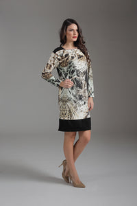 Print Long Sleeve Jersey Punto di Roma Sack Dress with Contrast Panel Detail