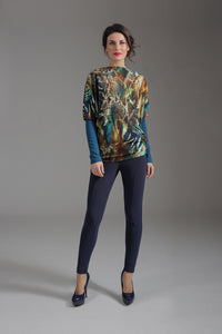 Print Batwing Top with Solid Colour Sleeves