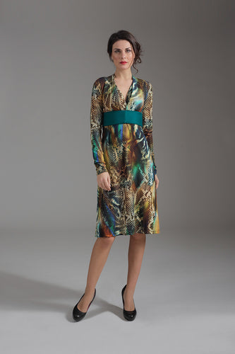 Long Sleeve Faux Wrap Animal Print Midi Dress in Stretch Viscose