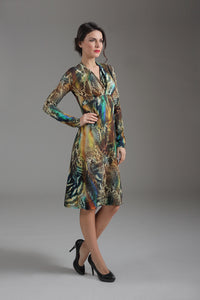 Long Sleeve Faux Wrap Animal Print Midi Dress in Stretch Viscose