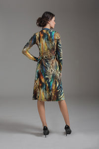 Long Sleeve Faux Wrap Animal Print Midi Dress in Stretch Viscose