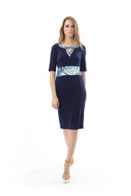 Load image into Gallery viewer, Women&#39;s Navy Blue Viscose-Elastane Jersey Midi Dress with Patterned Waistband