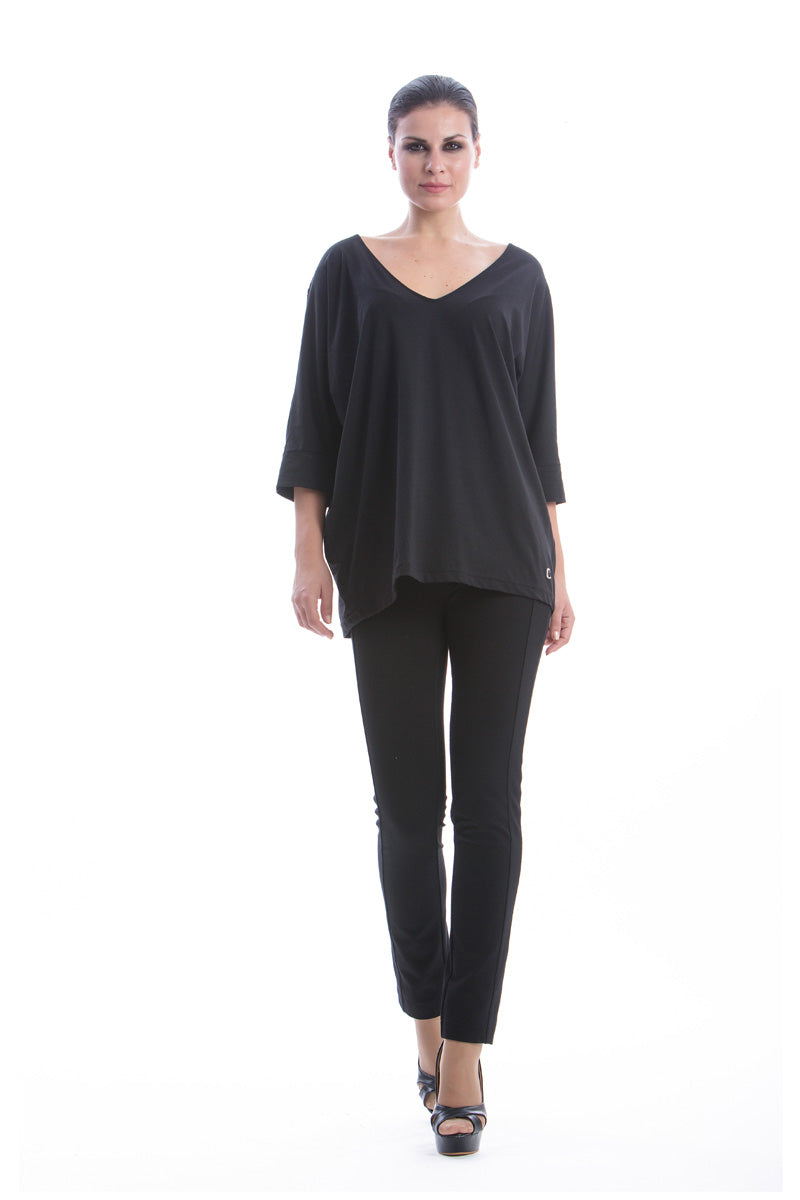 Loose Fit V Neck Top with ¾ Sleeves by Conquista Fashion