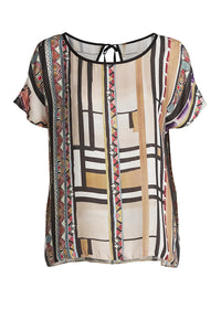 Print Short Sleeve Top with Tie at the Nape by Conquista Fashion