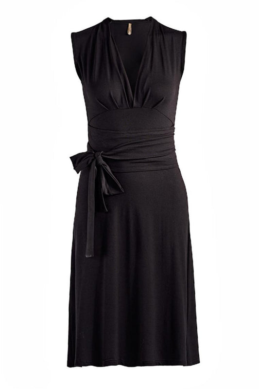 Black sleeveless dress with a tie waist on a white background