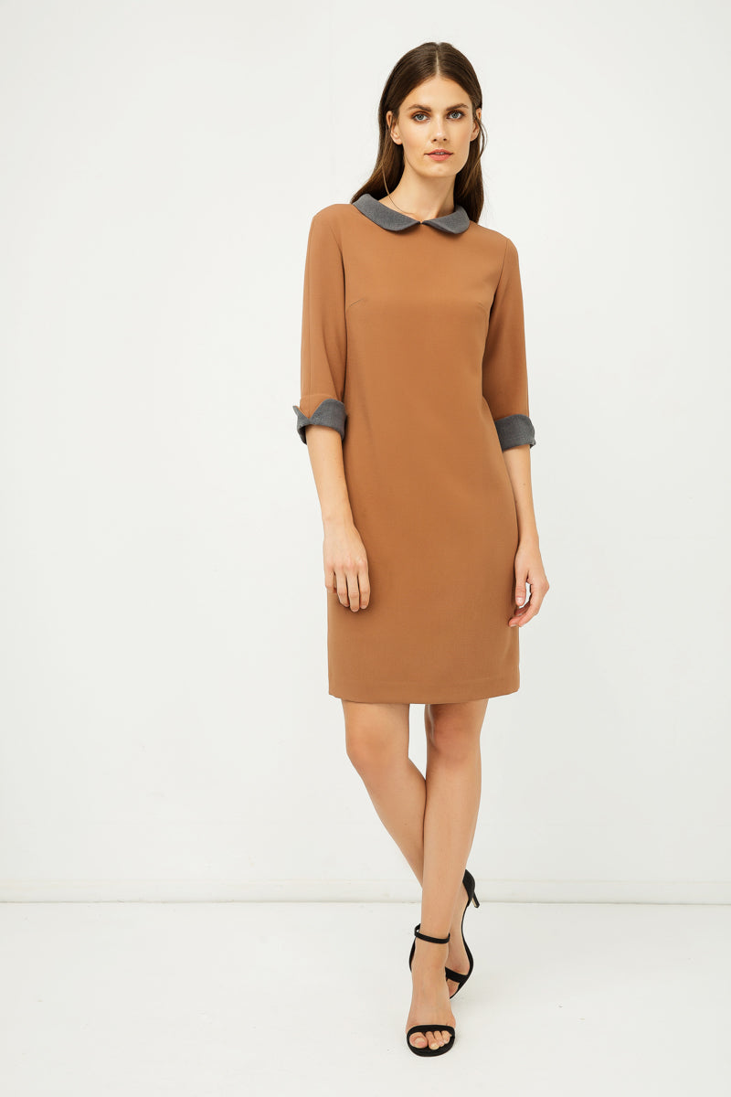 Straight Winter Dress with Contrast Peter Pan collar