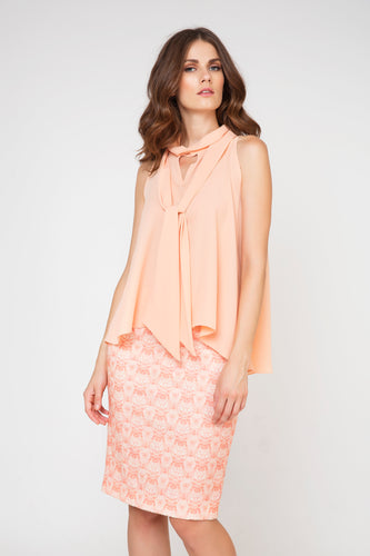 Chic Apricot Draped Neckline Sleeveless Blouse