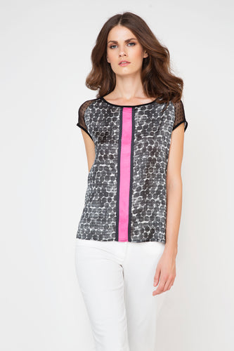 Women's Chic Printed Viscose Front Jersey Top with Contrasting Back and Mesh Shoulders