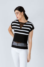 Load image into Gallery viewer, Women&#39;s Contemporary Black and White Striped Viscose-Elastane Jersey Top with Mesh Detail