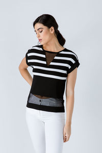 Women's Contemporary Black and White Striped Viscose-Elastane Jersey Top with Mesh Detail