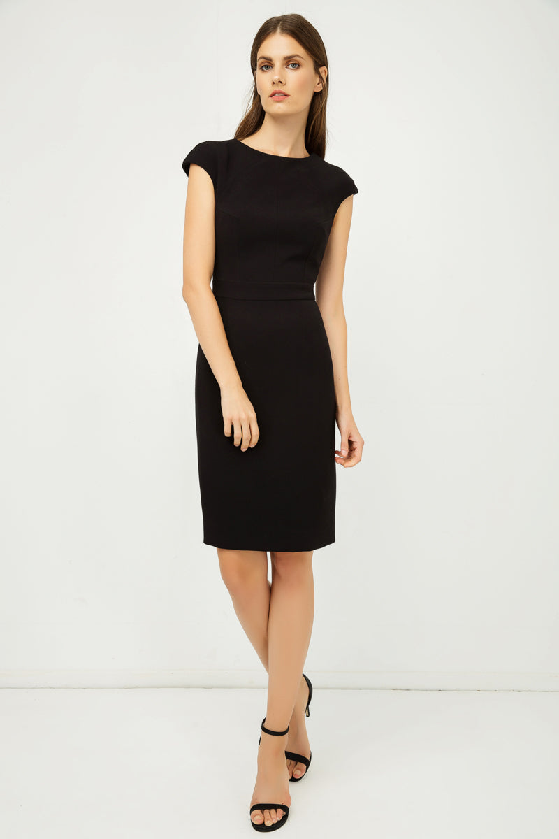 Solid Colour Dress with Cap Sleeves Black Color