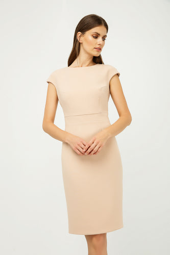 Solid Colour Dress with Cap Sleeves Creme Color.