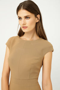 Solid Colour Dress with Cap Sleeves Camel Color.