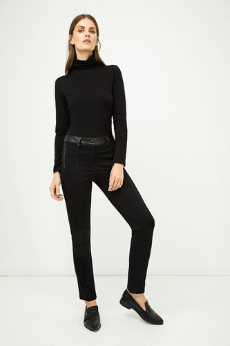 Mid Rise Pleather Detail Jeggings Black