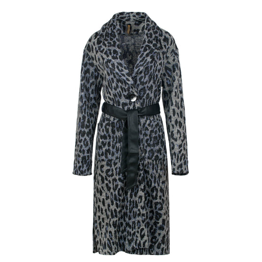 Μακρύ παλτό από μείγμα μαλλιού με animal print και ζώνη από τεχνητό δέρμα
