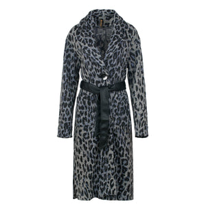 Animal Print Wool Blend Long Coat with Faux Leather Belt