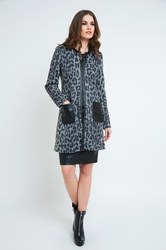 Animal Print Coat with Pleather Detail