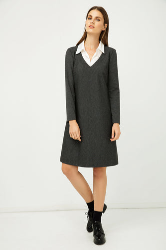 Shirt Collar Detail Dark Striped Grey Dress