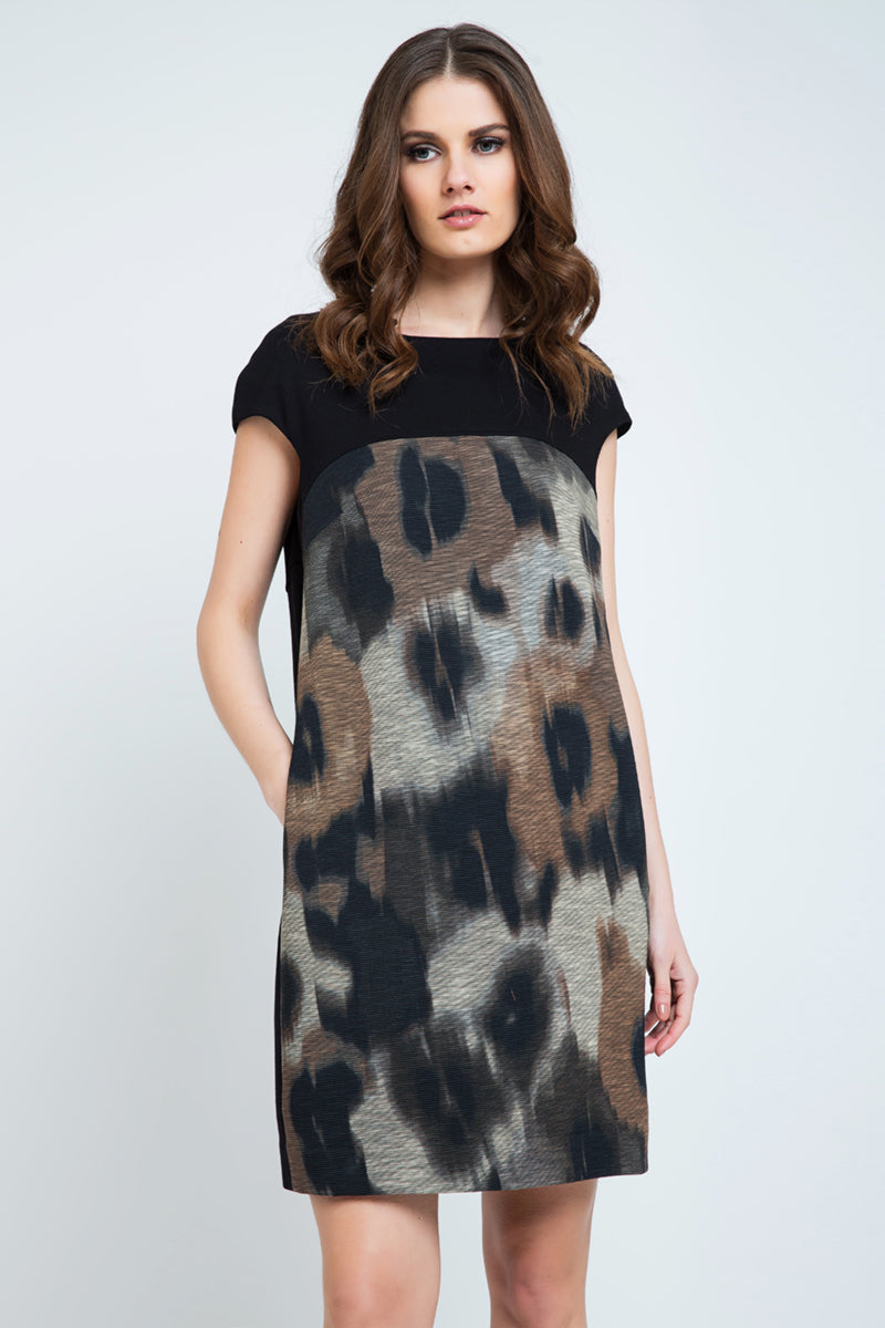 Abstract Print Sack Dress with Pockets