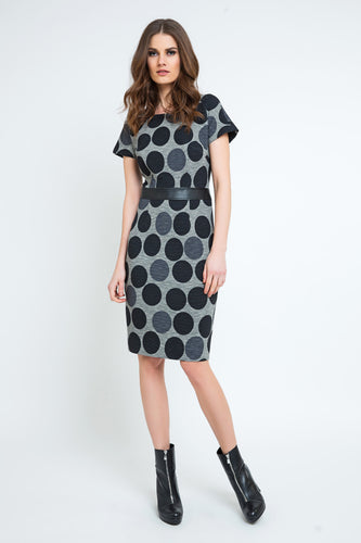 Straight Polka Dot Dress with Pleather Waistband