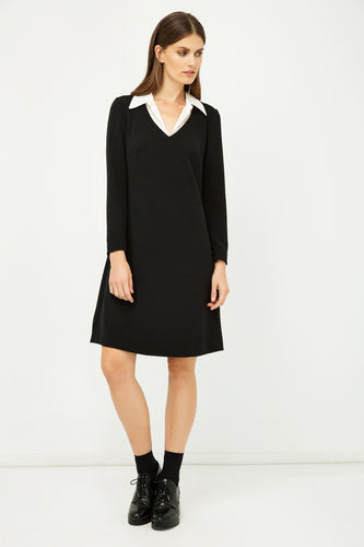 Shirt Collar Detail Black Striped Dress