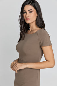 Fitted Taupe Cap Sleeve Dress Conquista Fashion