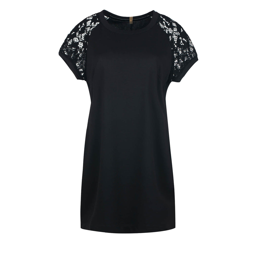 A Line Punto di Roma Black Dress with Lace Detail