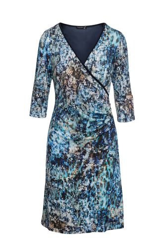 Print Jersey Faux Wrap Dress in Blue