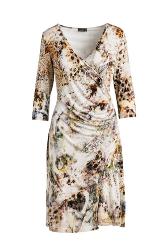 Print Jersey Faux Wrap Dress in Beige