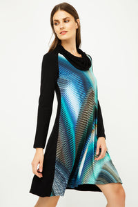A Line Print Dress with Turtle Neck in Petrol