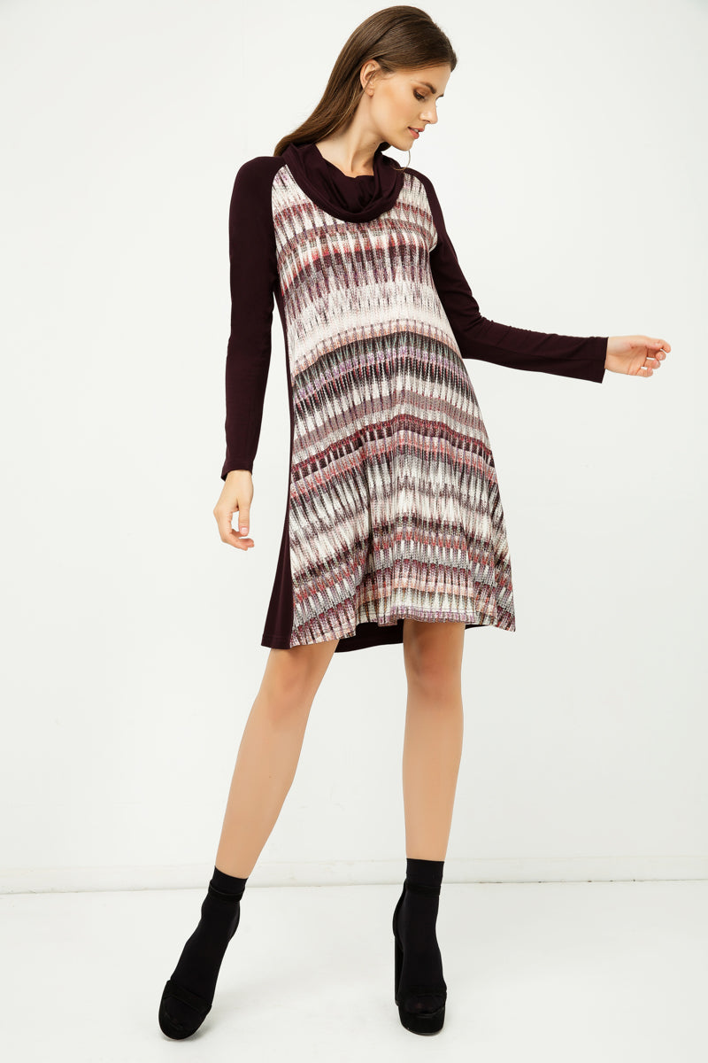 A Line Print Dress with Turtle Neck