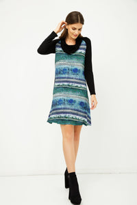 A Line Print Dress with Turtle Neck in Black