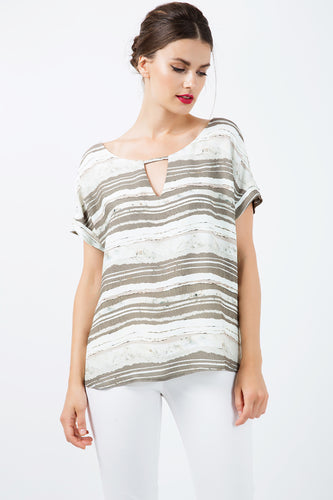 Short Sleeve Striped Keyhole Top