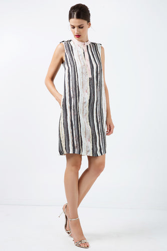 Striped Straight Dress with Button Detail