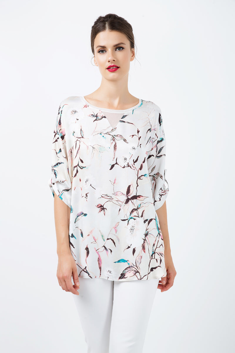 Print Satin Top with V Detail
