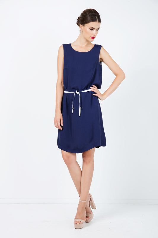 Conquista Φόρεμα Mini Casual Αμάνικο Με Στρογγυλή Λαιμόκοψη Με Ζώνη Μονόχρωμο Μπλε C181-102-14