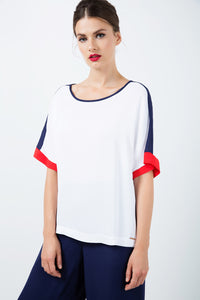 White Short Sleeve Top with Red and Blue Detail