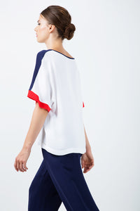 White Short Sleeve Top with Red and Blue Detail