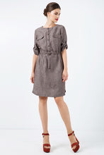 Load image into Gallery viewer, Straight Brown Linen Dress with Belt Detail