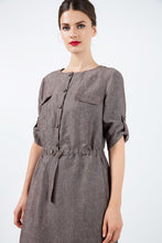 Load image into Gallery viewer, Straight Brown Linen Dress with Belt Detail