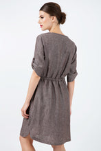 Load image into Gallery viewer, Straight Brown Linen Dress with Belt Detail