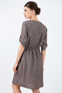 Straight Brown Linen Dress with Belt Detail