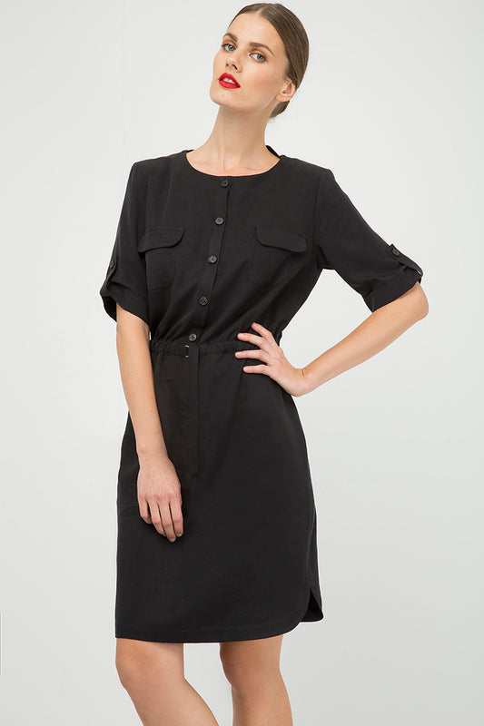 Straight Black Tencel Dress with Belt Detail