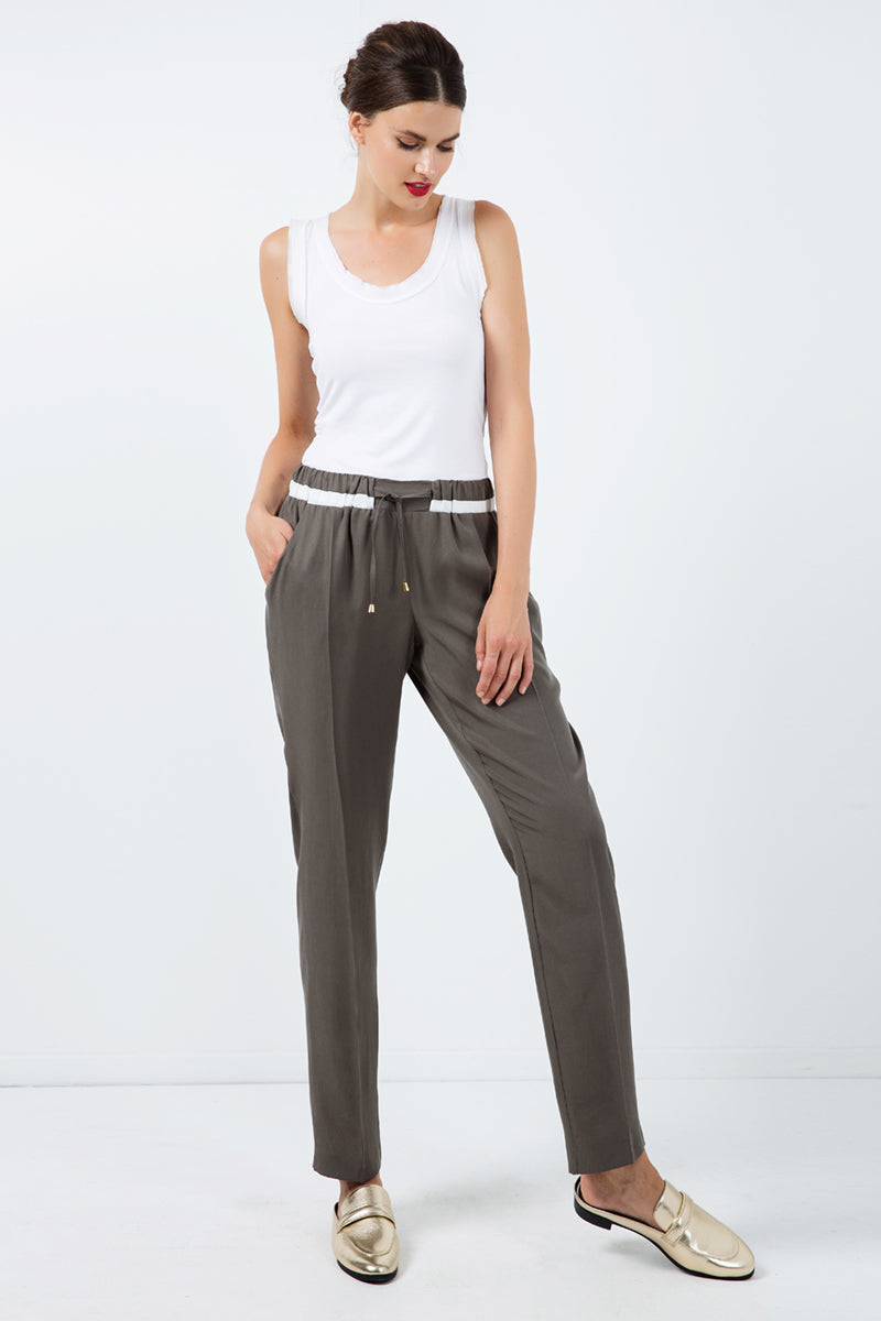 Long Khaki Pants with Cream Panel