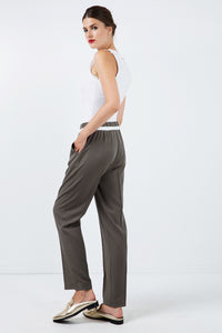 Long Khaki Pants with Cream Panel