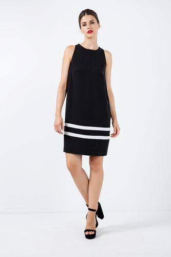 Black Sleeveless Dress with White Stripe Detail