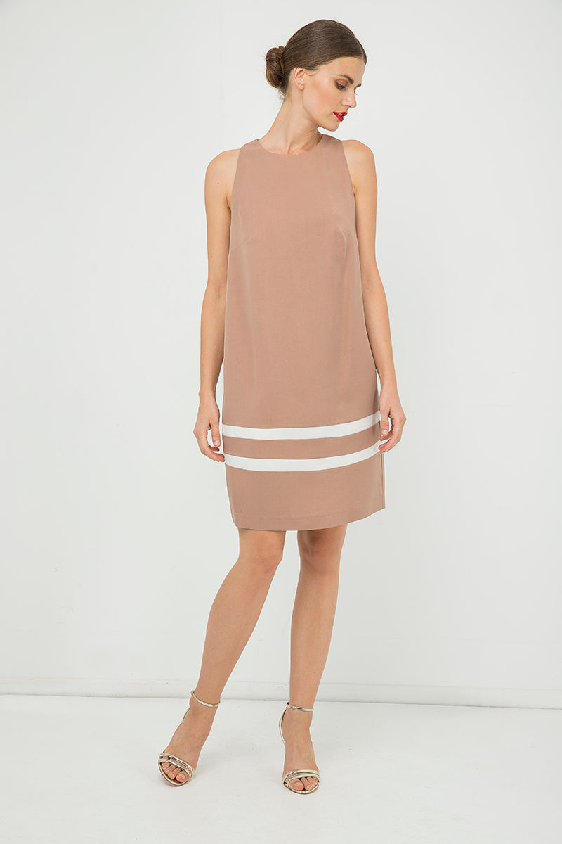 Solid Colour Sleeveless Dress with White Stripe Detail