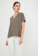 Load image into Gallery viewer, Khaki V Neck Top with Metallic Motif